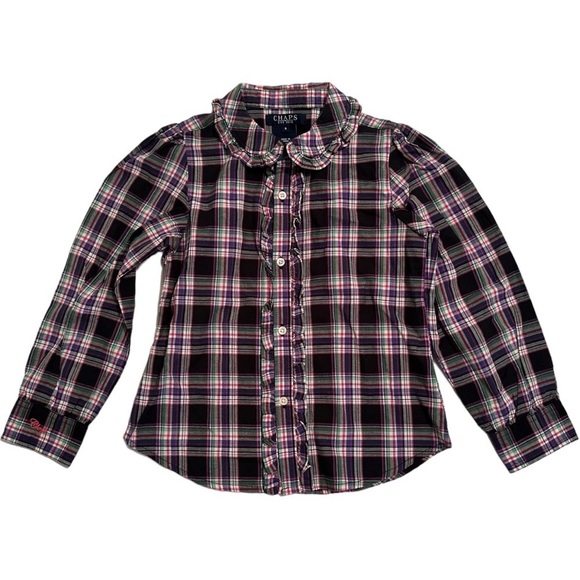 Chaps Other - Chaps Plaid Ruffle Blouse, Girl’s 5, Button-down, Collar Purple, Green & Pink